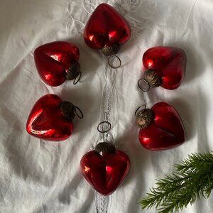 Vintage Kugel-Style Red Glass Heart Ornaments Silver-Lined Holiday & Valentine